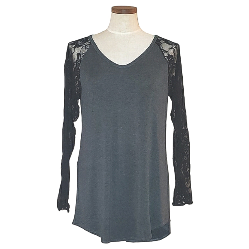 Goo Yoo Sheer Floral Black Lace Raglan Sleeves High Low Hem Gray Tunic Top M/L - Picture 3 of 16